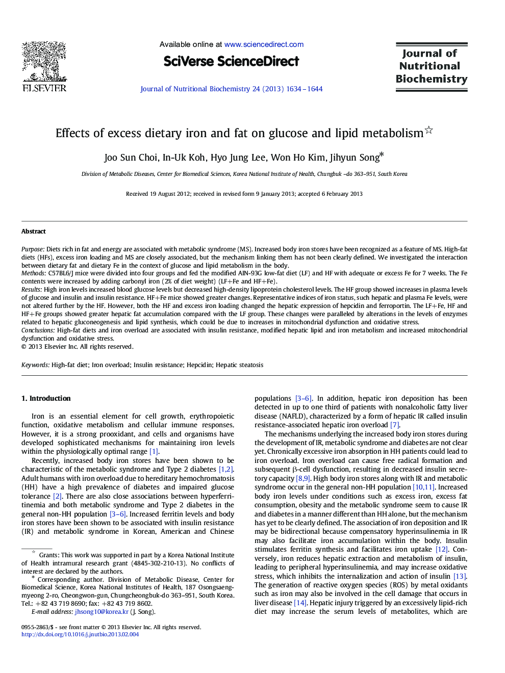 Effects of excess dietary iron and fat on glucose and lipid metabolism 