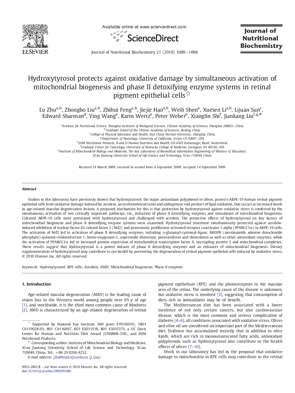 Hydroxytyrosol protects against oxidative damage by simultaneous activation of mitochondrial biogenesis and phase II detoxifying enzyme systems in retinal pigment epithelial cells 