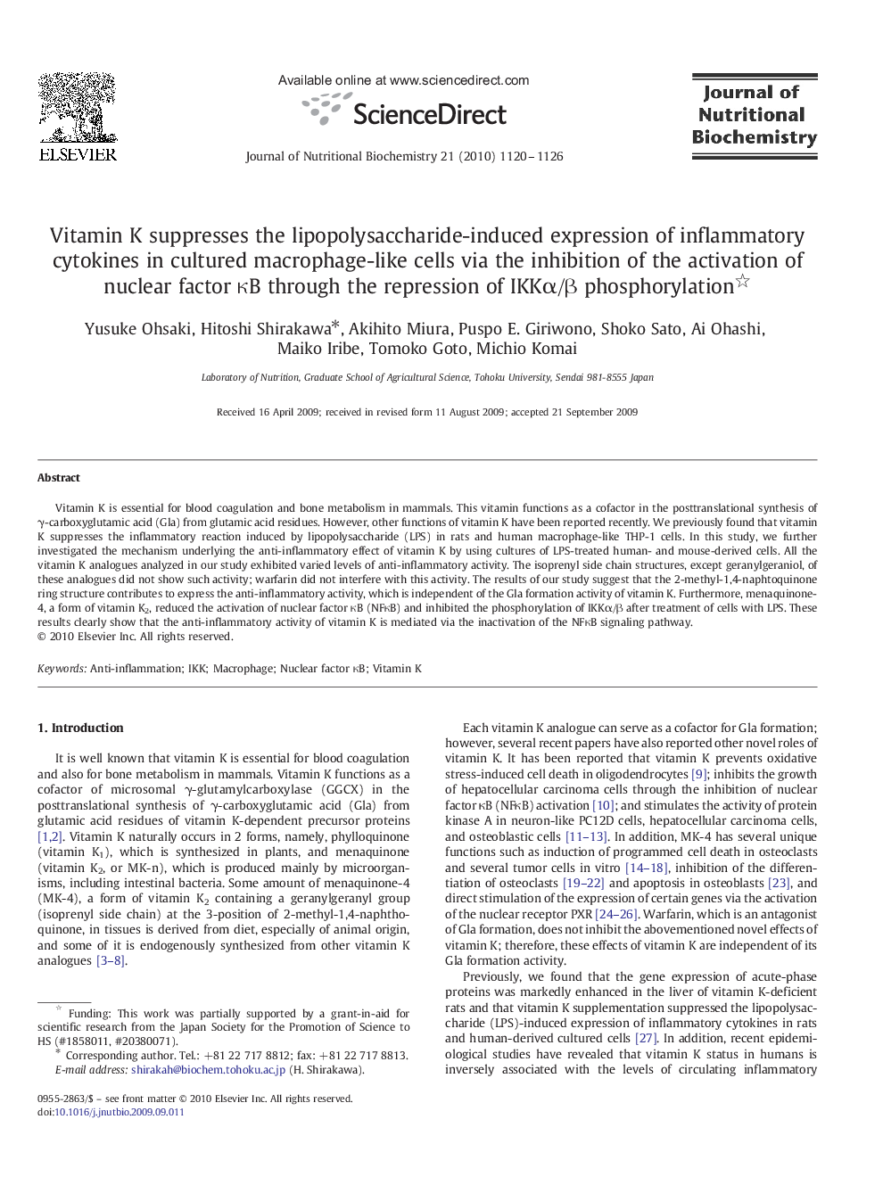 Vitamin K suppresses the lipopolysaccharide-induced expression of inflammatory cytokines in cultured macrophage-like cells via the inhibition of the activation of nuclear factor κB through the repression of IKKα/β phosphorylation 