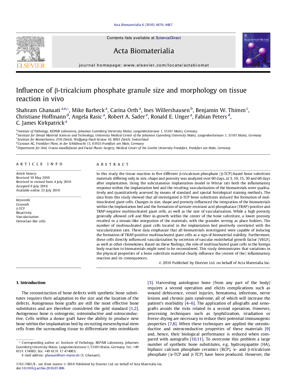 Influence of β-tricalcium phosphate granule size and morphology on tissue reaction in vivo