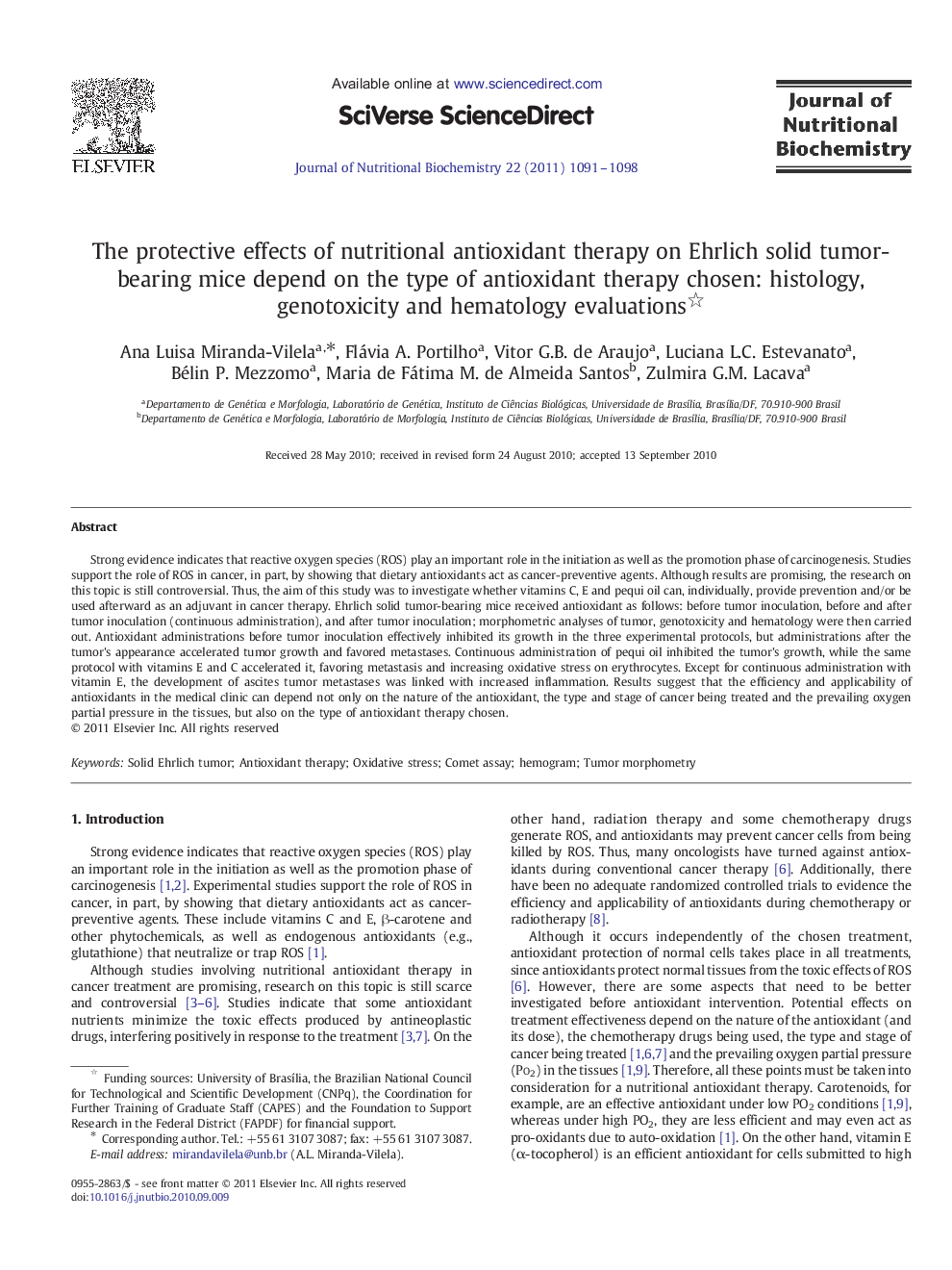 The protective effects of nutritional antioxidant therapy on Ehrlich solid tumor-bearing mice depend on the type of antioxidant therapy chosen: histology, genotoxicity and hematology evaluations 