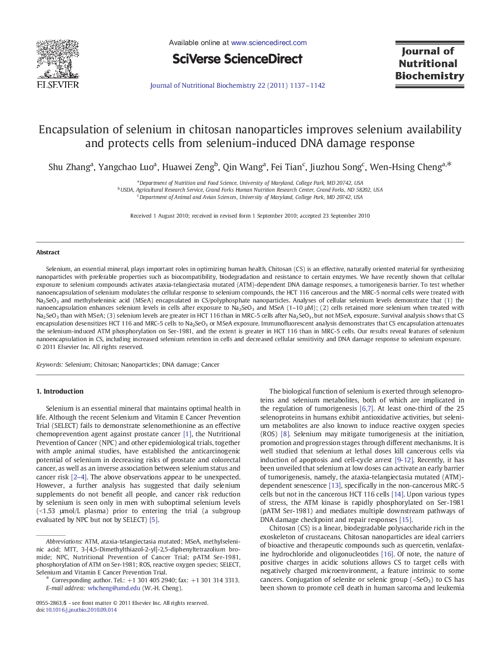 Encapsulation of selenium in chitosan nanoparticles improves selenium availability and protects cells from selenium-induced DNA damage response