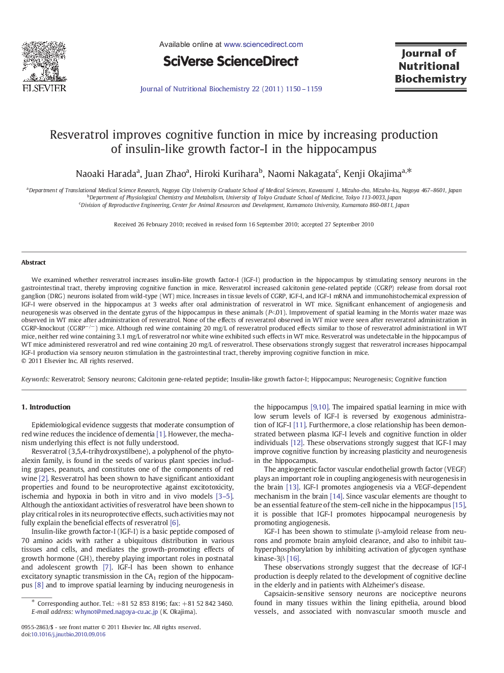 Resveratrol improves cognitive function in mice by increasing production of insulin-like growth factor-I in the hippocampus