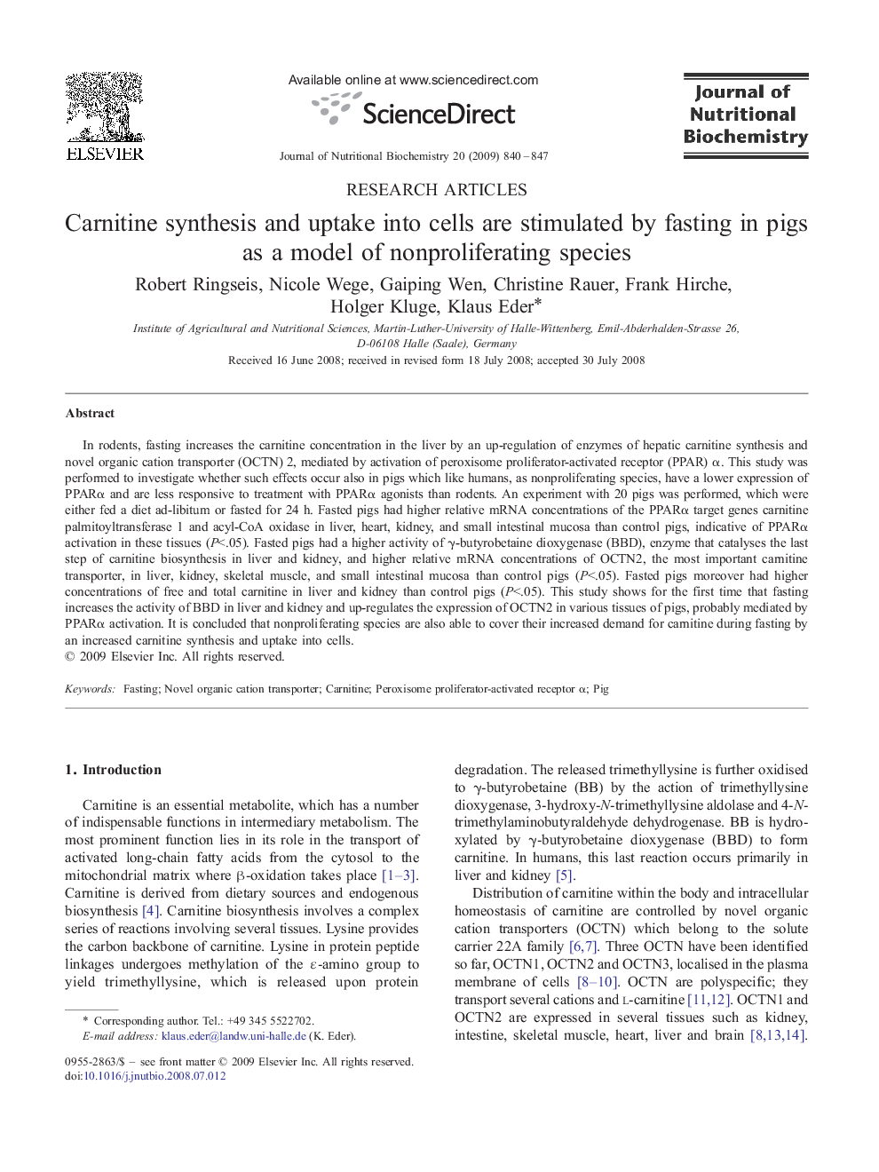 Carnitine synthesis and uptake into cells are stimulated by fasting in pigs as a model of nonproliferating species