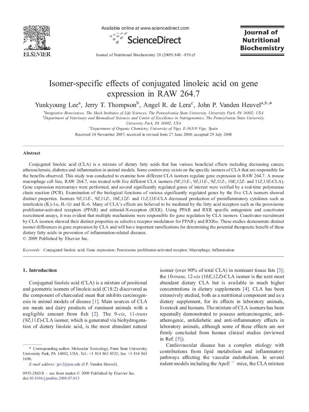 Isomer-specific effects of conjugated linoleic acid on gene expression in RAW 264.7