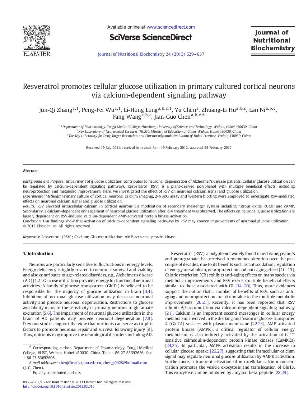 Resveratrol promotes cellular glucose utilization in primary cultured cortical neurons via calcium-dependent signaling pathway