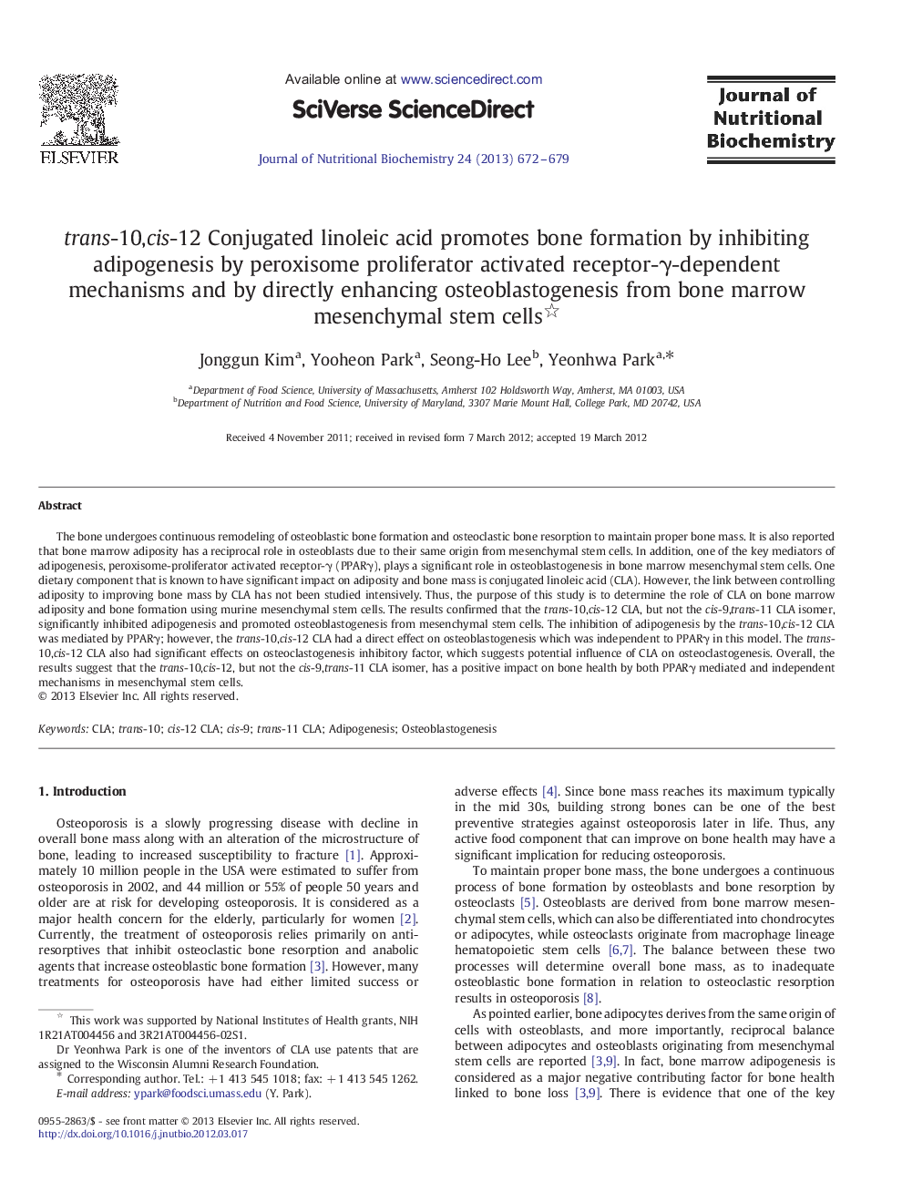 trans-10,cis-12 Conjugated linoleic acid promotes bone formation by inhibiting adipogenesis by peroxisome proliferator activated receptor-γ-dependent mechanisms and by directly enhancing osteoblastogenesis from bone marrow mesenchymal stem cells 