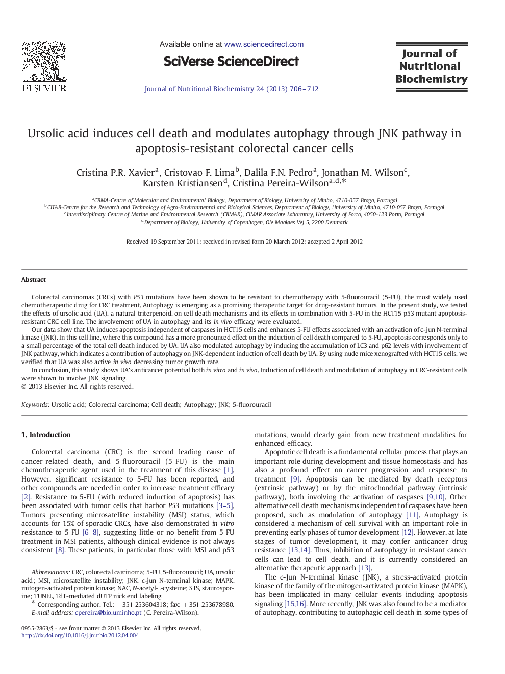 Ursolic acid induces cell death and modulates autophagy through JNK pathway in apoptosis-resistant colorectal cancer cells