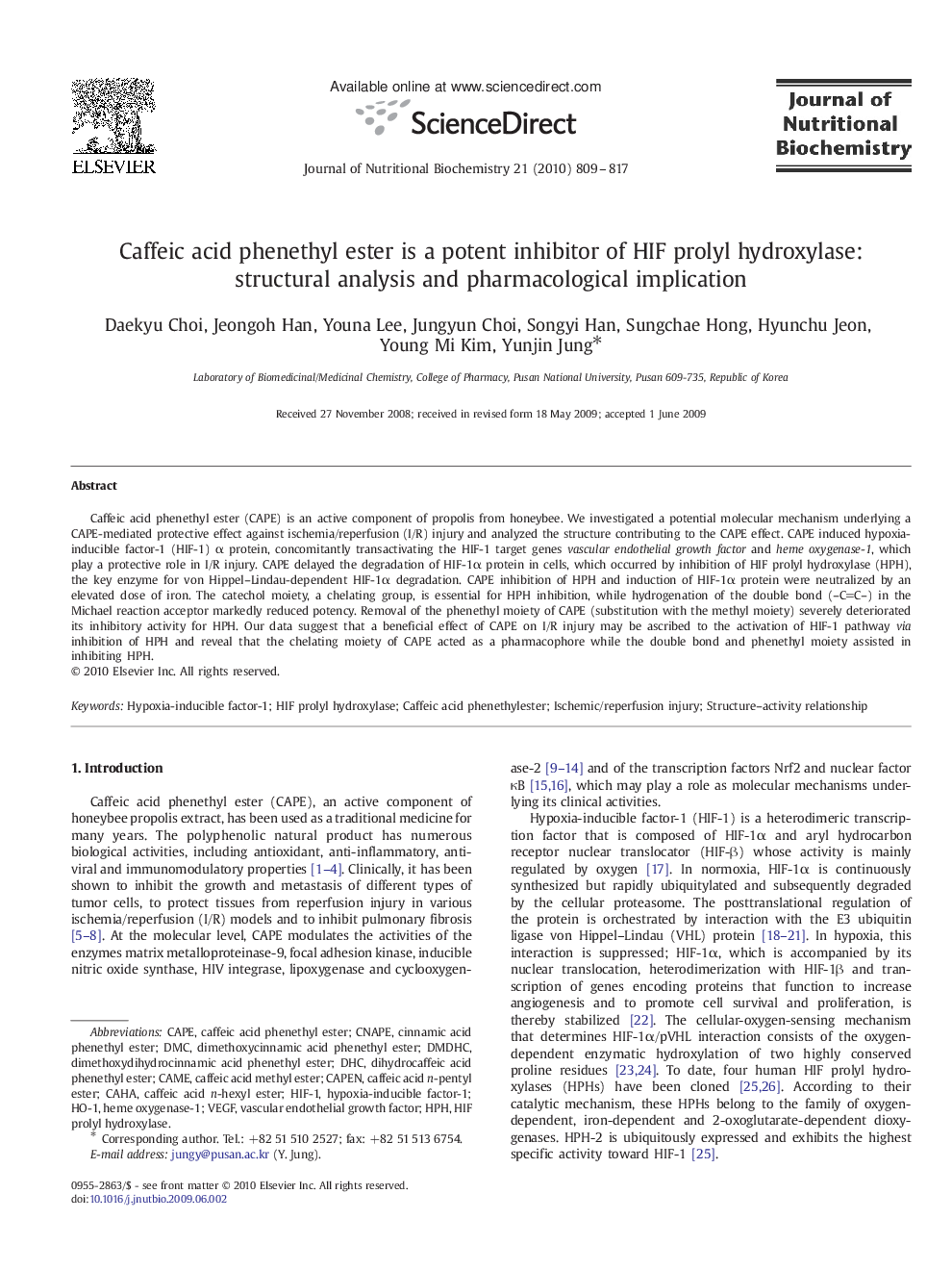 Caffeic acid phenethyl ester is a potent inhibitor of HIF prolyl hydroxylase: structural analysis and pharmacological implication