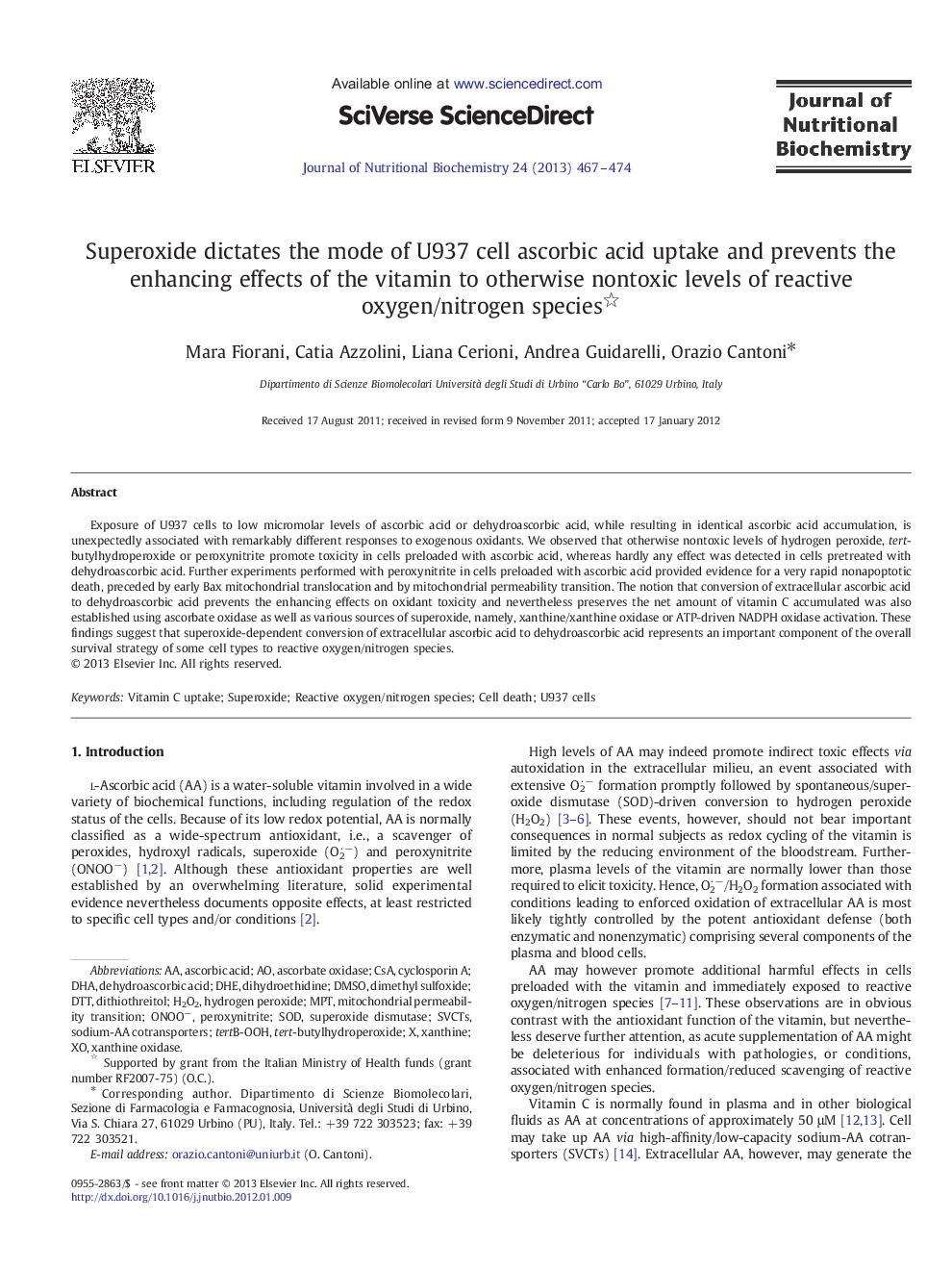 Superoxide dictates the mode of U937 cell ascorbic acid uptake and prevents the enhancing effects of the vitamin to otherwise nontoxic levels of reactive oxygen/nitrogen species