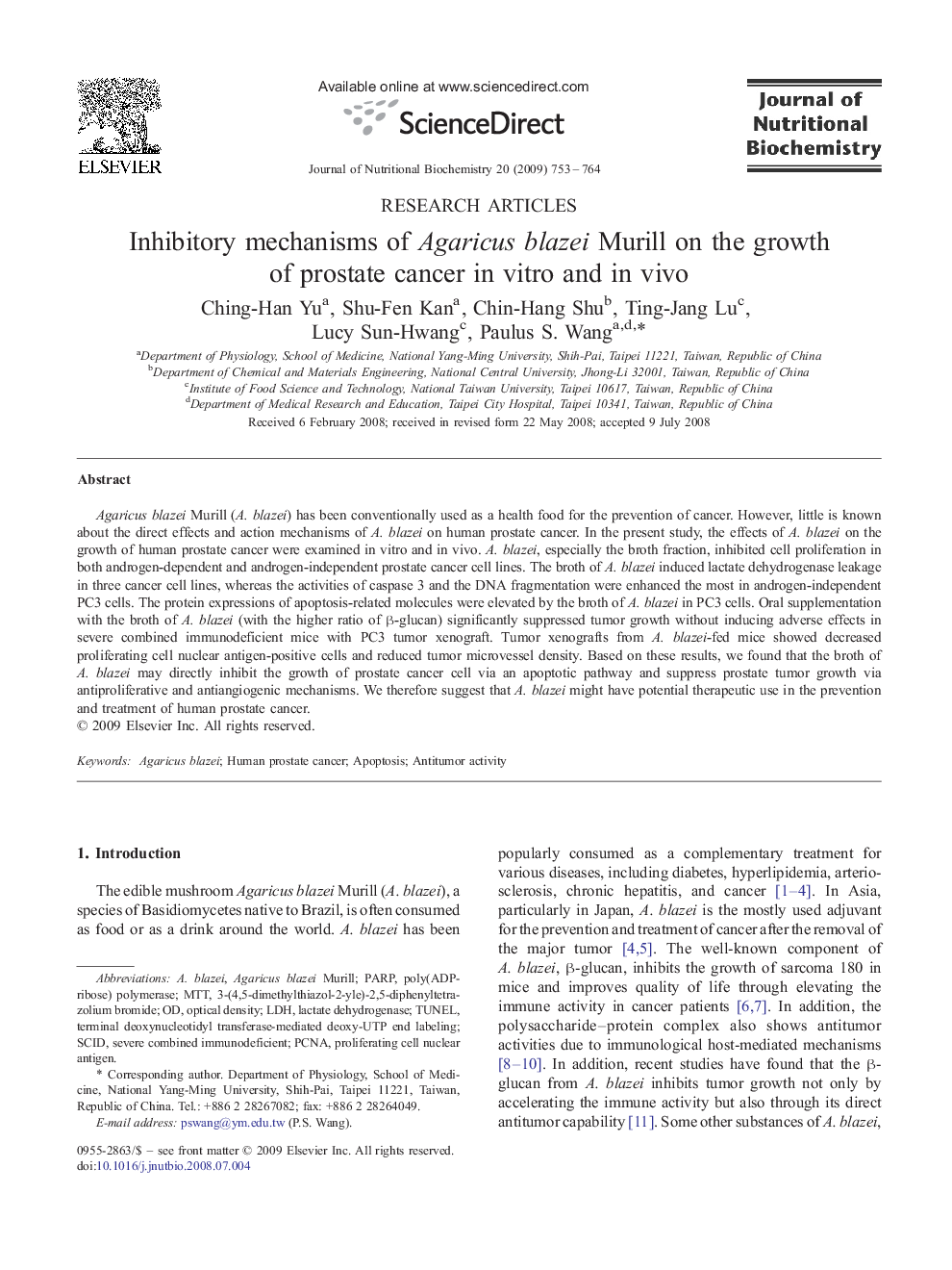 Inhibitory mechanisms of Agaricus blazei Murill on the growth of prostate cancer in vitro and in vivo