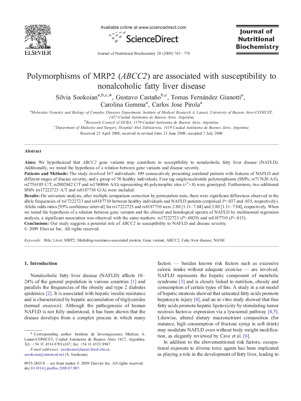 Polymorphisms of MRP2 (ABCC2) are associated with susceptibility to nonalcoholic fatty liver disease