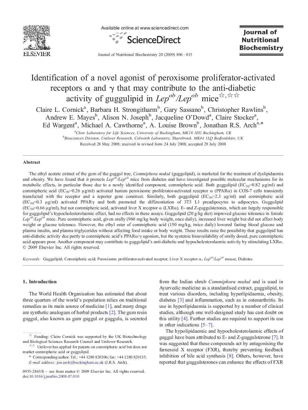 Identification of a novel agonist of peroxisome proliferator-activated receptors α and γ that may contribute to the anti-diabetic activity of guggulipid in Lepob/Lepob mice 