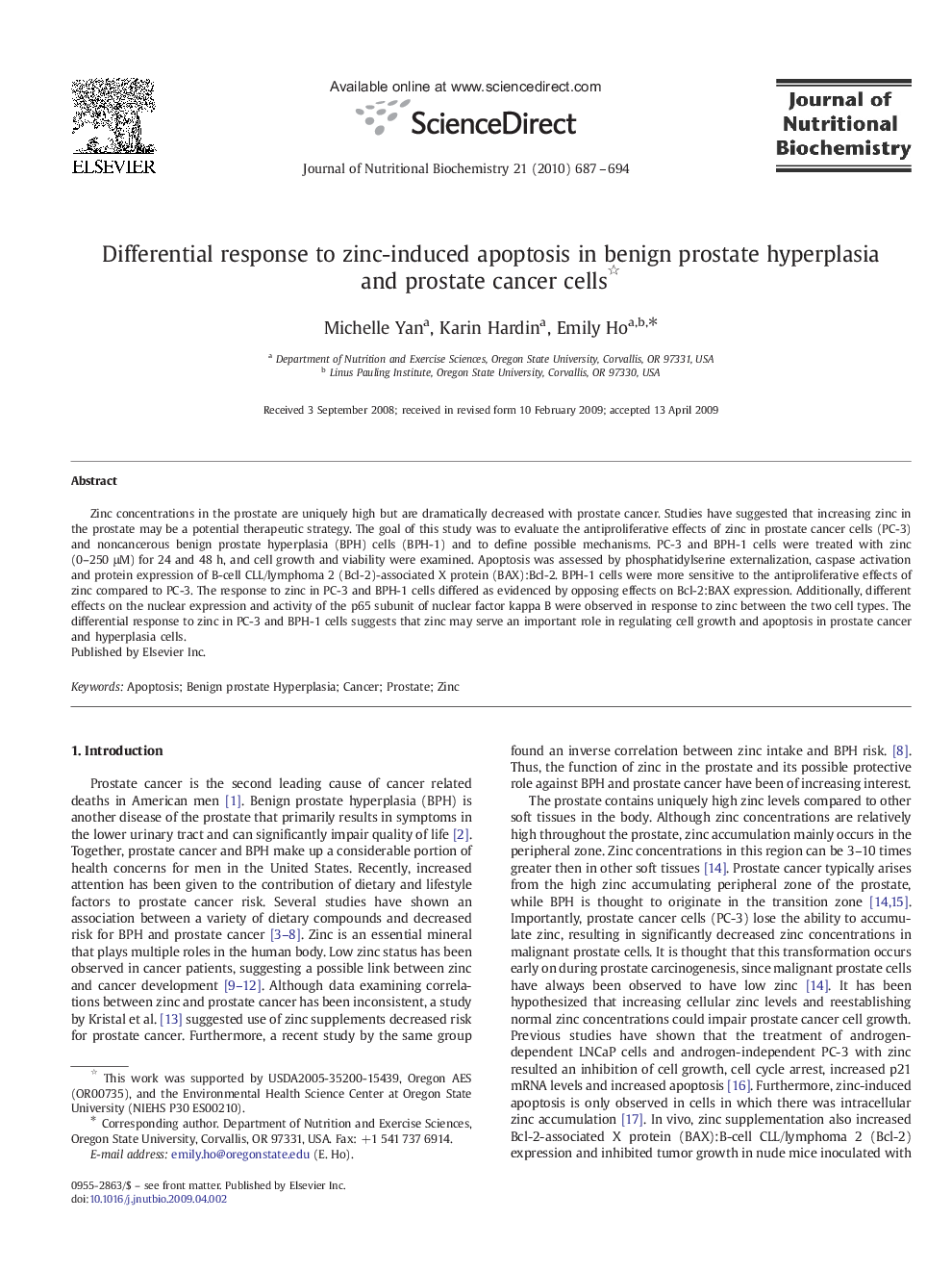 Differential response to zinc-induced apoptosis in benign prostate hyperplasia and prostate cancer cells 