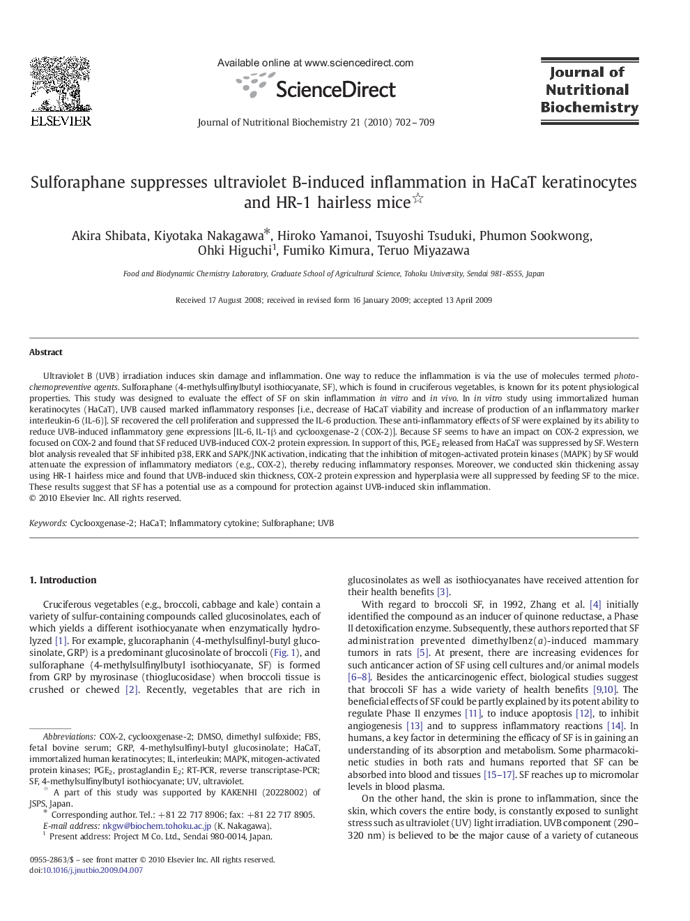 Sulforaphane suppresses ultraviolet B-induced inflammation in HaCaT keratinocytes and HR-1 hairless mice 