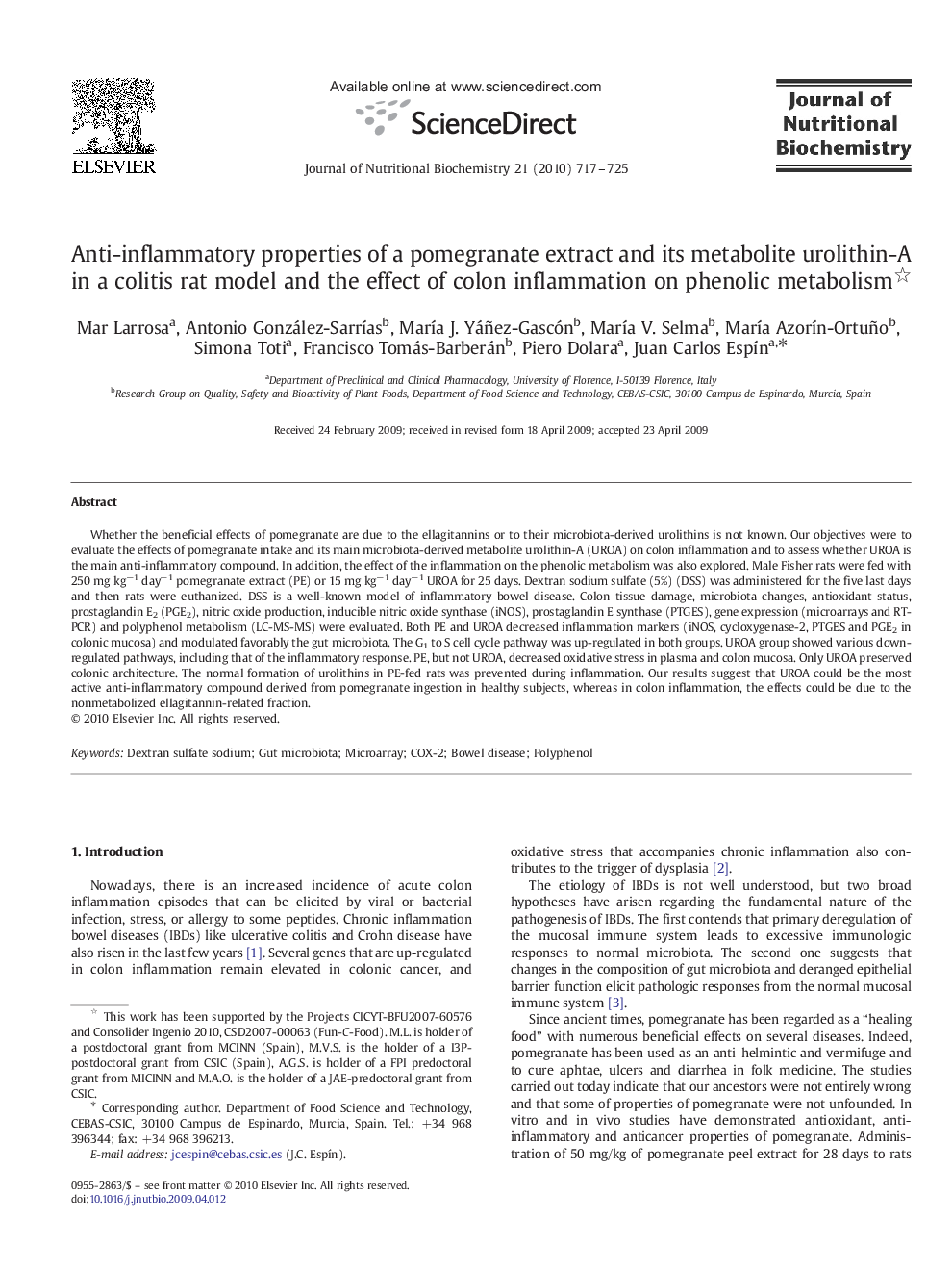 Anti-inflammatory properties of a pomegranate extract and its metabolite urolithin-A in a colitis rat model and the effect of colon inflammation on phenolic metabolism 