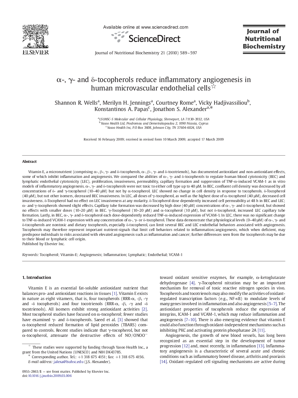 Î±-, Î³- and Î´-tocopherols reduce inflammatory angiogenesis in human microvascular endothelial cells