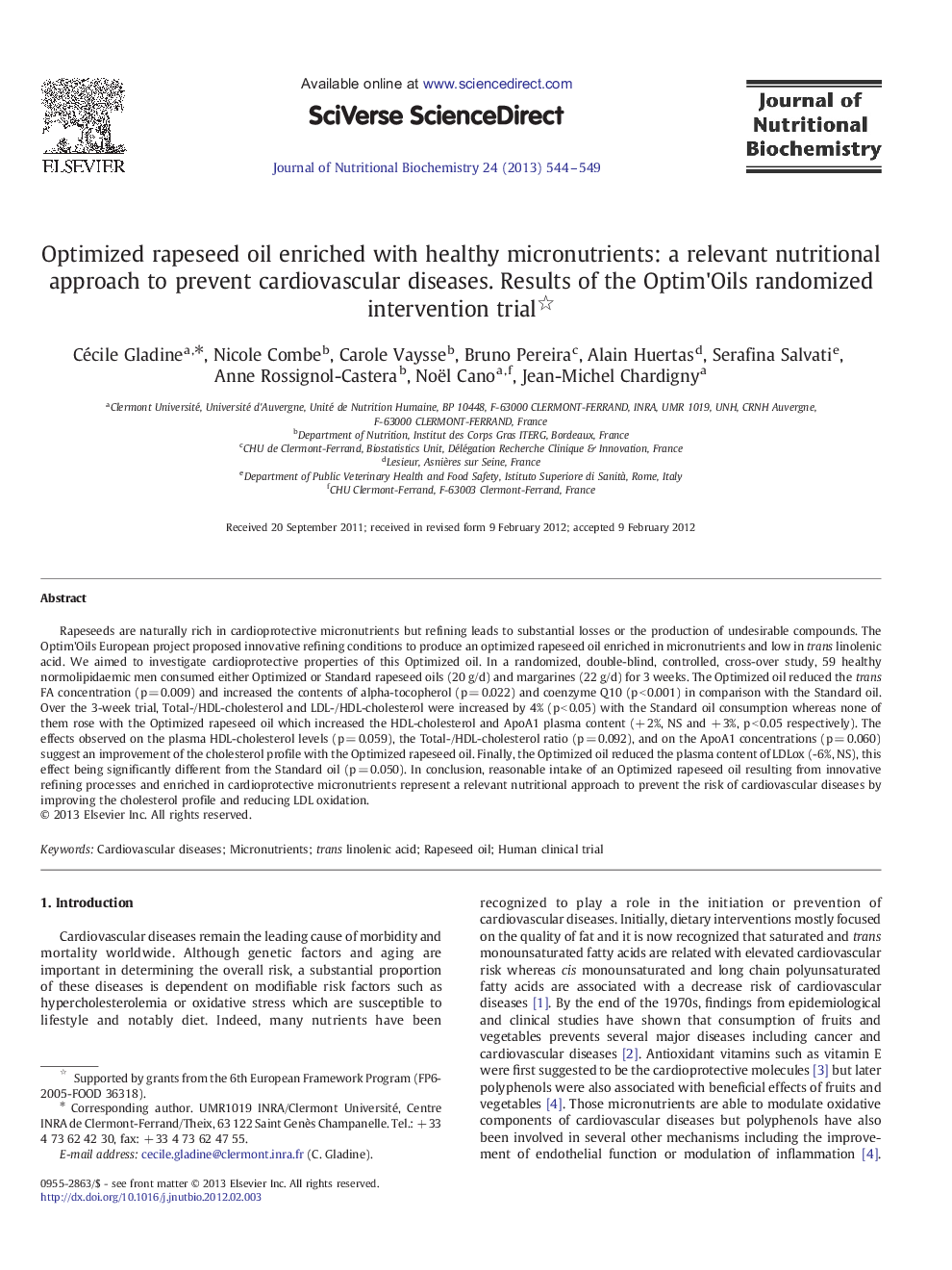 Optimized rapeseed oil enriched with healthy micronutrients: a relevant nutritional approach to prevent cardiovascular diseases. Results of the Optim'Oils randomized intervention trial 