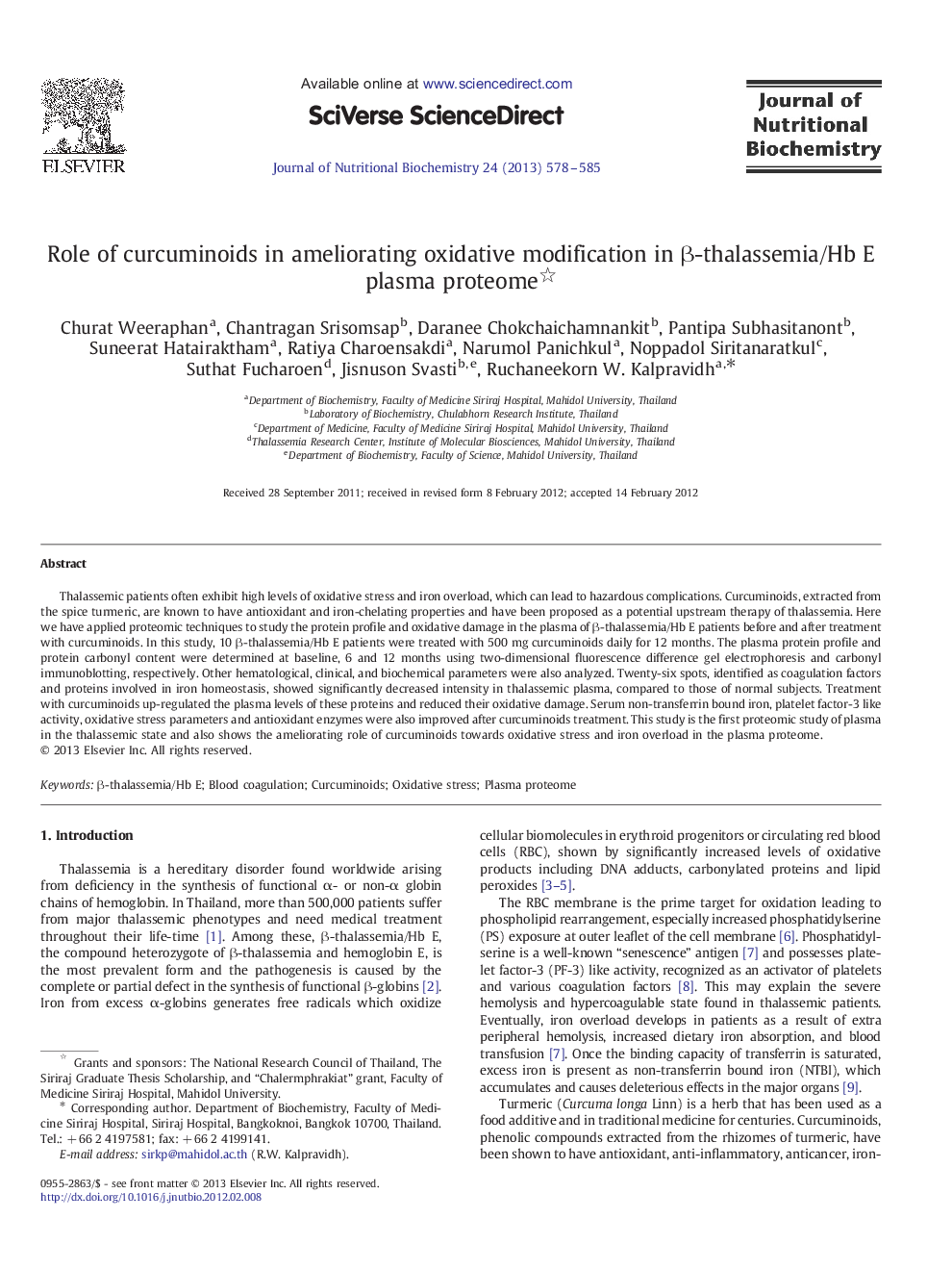 Role of curcuminoids in ameliorating oxidative modification in β-thalassemia/Hb E plasma proteome 