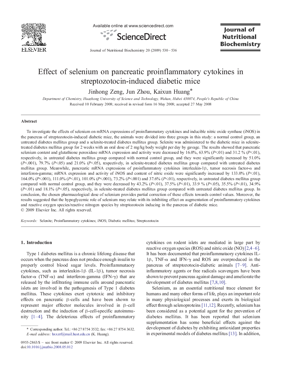 Effect of selenium on pancreatic proinflammatory cytokines in streptozotocin-induced diabetic mice