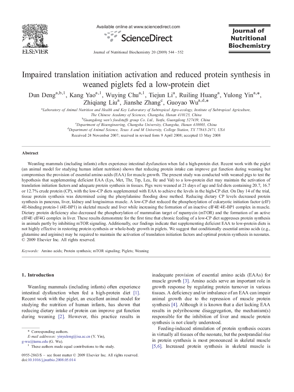 Impaired translation initiation activation and reduced protein synthesis in weaned piglets fed a low-protein diet