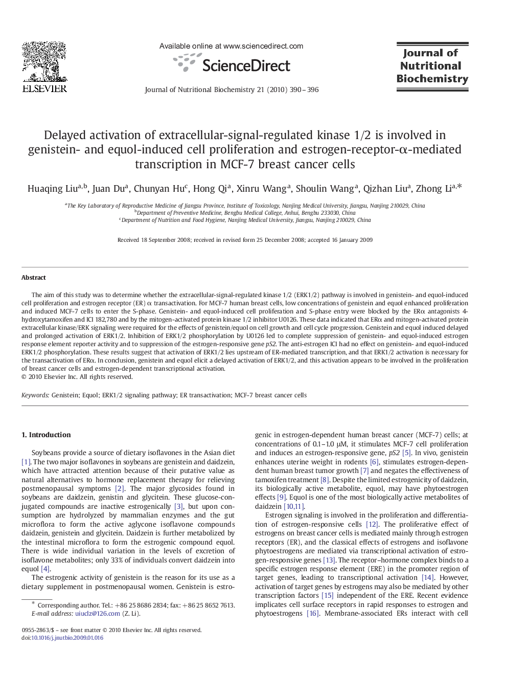 Delayed activation of extracellular-signal-regulated kinase 1/2 is involved in genistein- and equol-induced cell proliferation and estrogen-receptor-Î±-mediated transcription in MCF-7 breast cancer cells