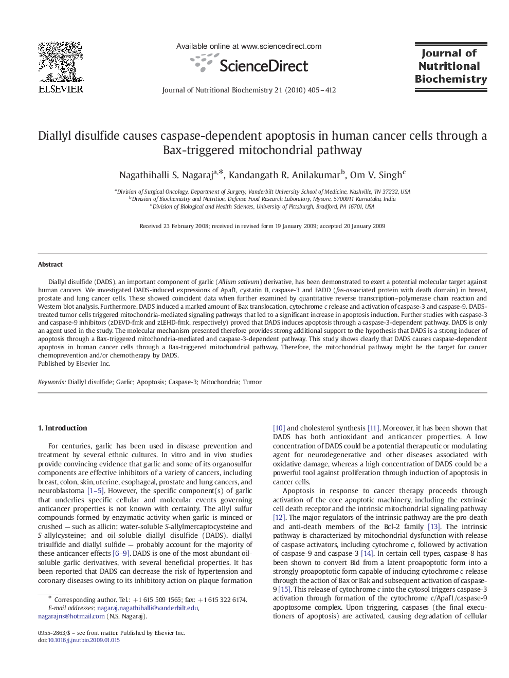 Diallyl disulfide causes caspase-dependent apoptosis in human cancer cells through a Bax-triggered mitochondrial pathway