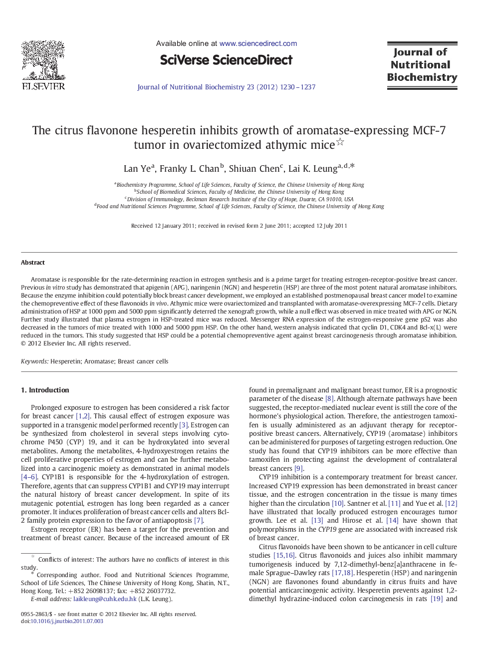 The citrus flavonone hesperetin inhibits growth of aromatase-expressing MCF-7 tumor in ovariectomized athymic mice 