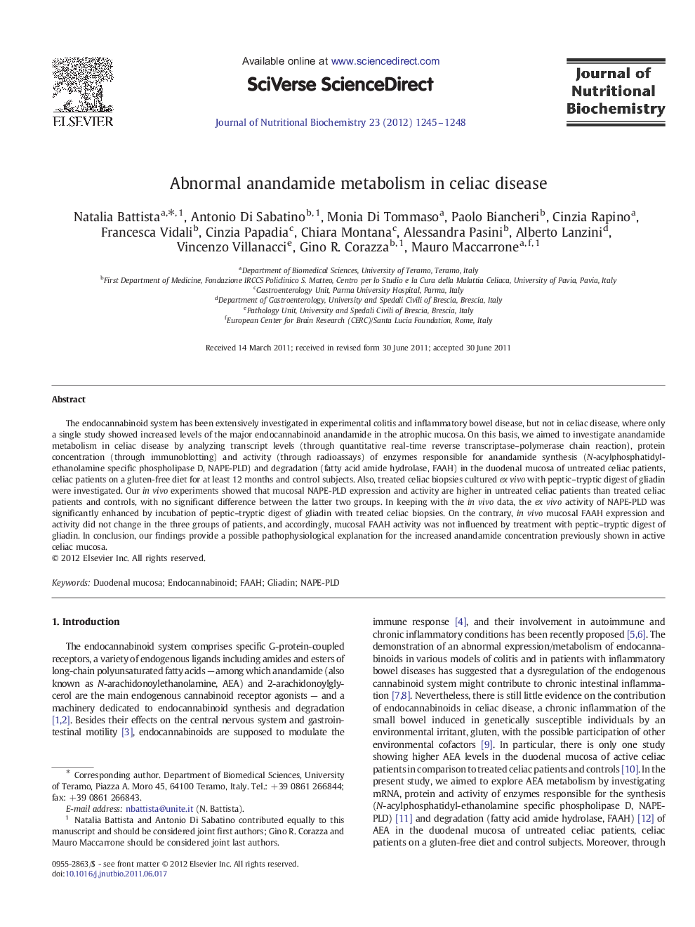 Abnormal anandamide metabolism in celiac disease