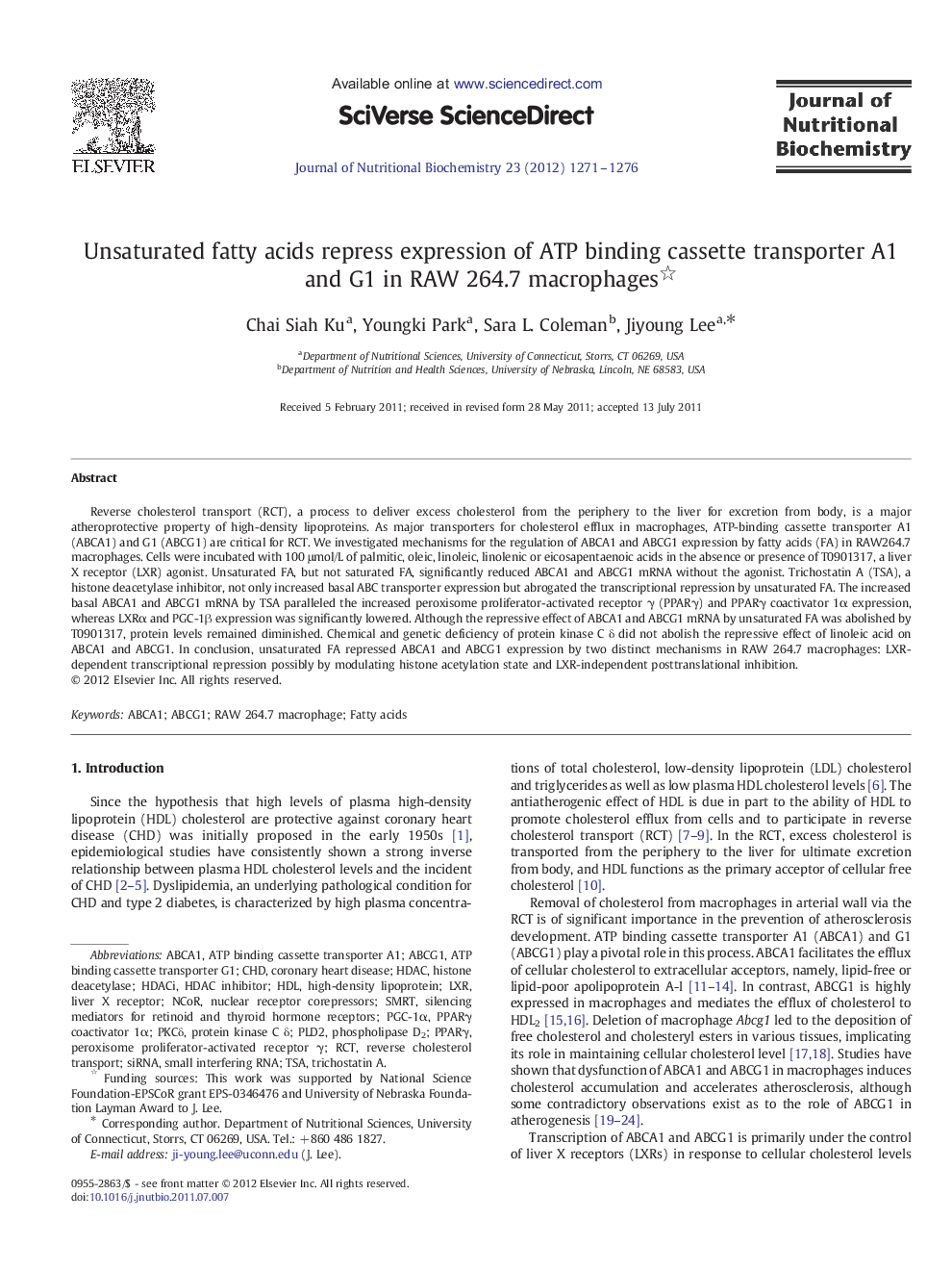 Unsaturated fatty acids repress expression of ATP binding cassette transporter A1 and G1 in RAW 264.7 macrophages 