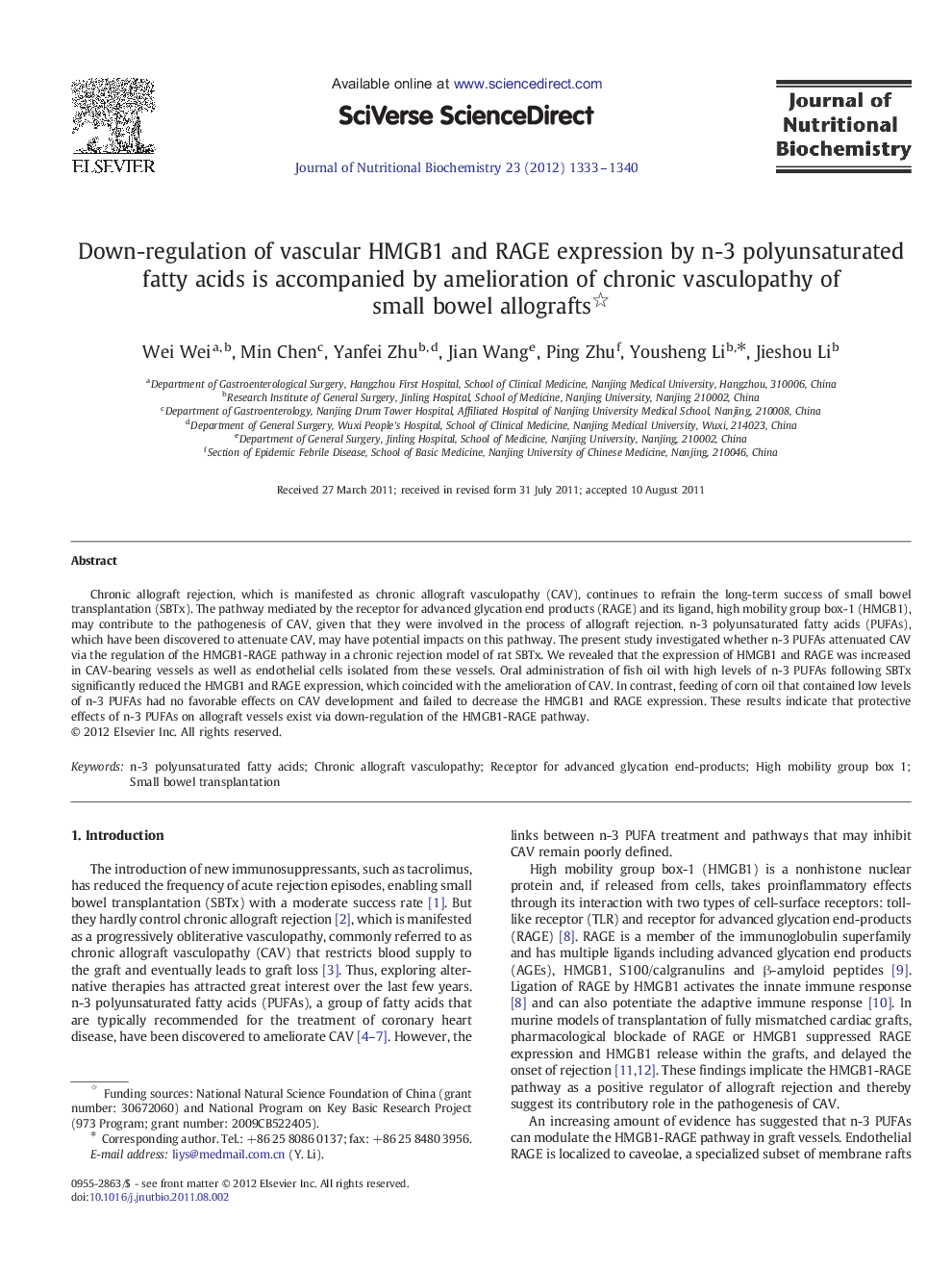 Down-regulation of vascular HMGB1 and RAGE expression by n-3 polyunsaturated fatty acids is accompanied by amelioration of chronic vasculopathy of small bowel allografts 