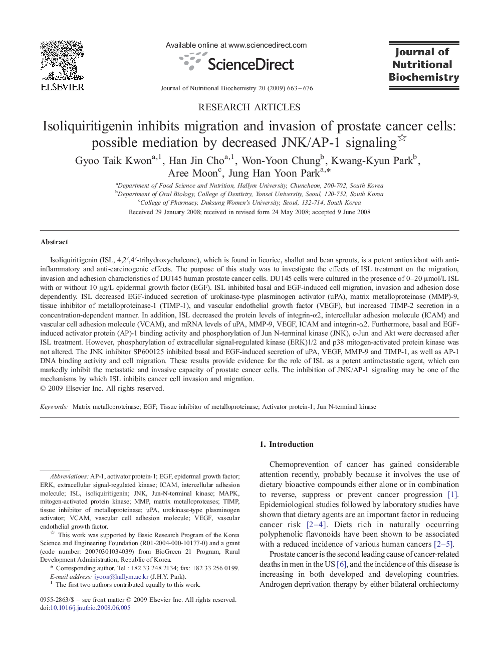 Isoliquiritigenin inhibits migration and invasion of prostate cancer cells: possible mediation by decreased JNK/AP-1 signaling 