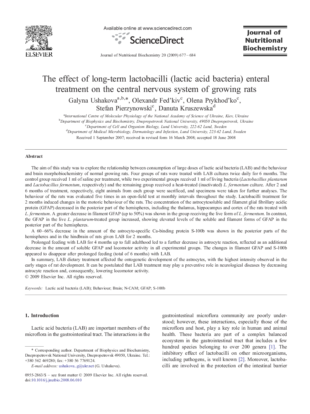 The effect of long-term lactobacilli (lactic acid bacteria) enteral treatment on the central nervous system of growing rats