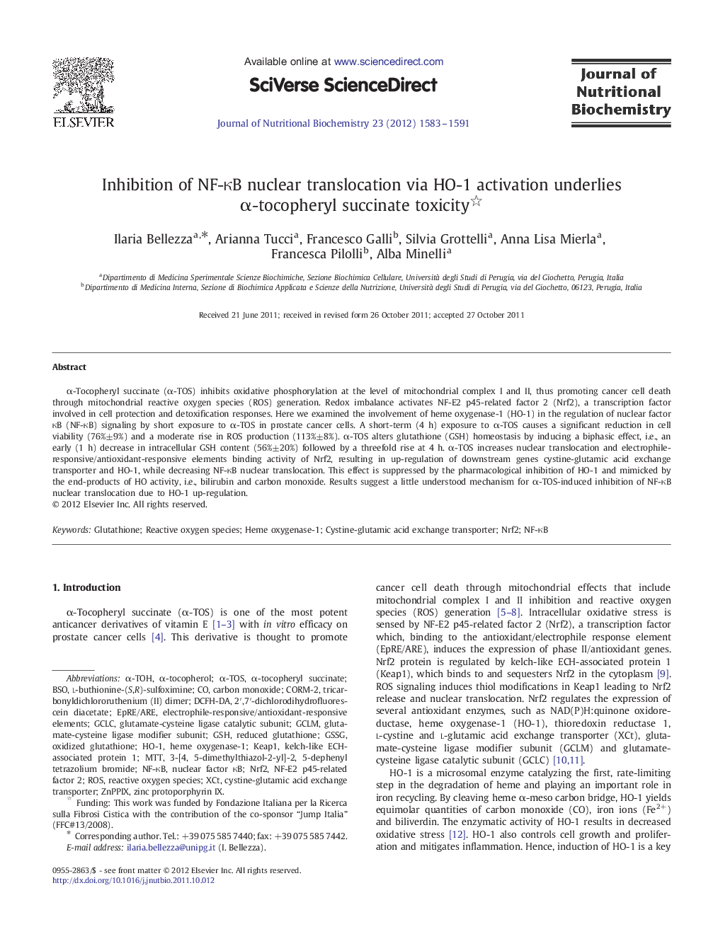 Inhibition of NF-κB nuclear translocation via HO-1 activation underlies α-tocopheryl succinate toxicity 