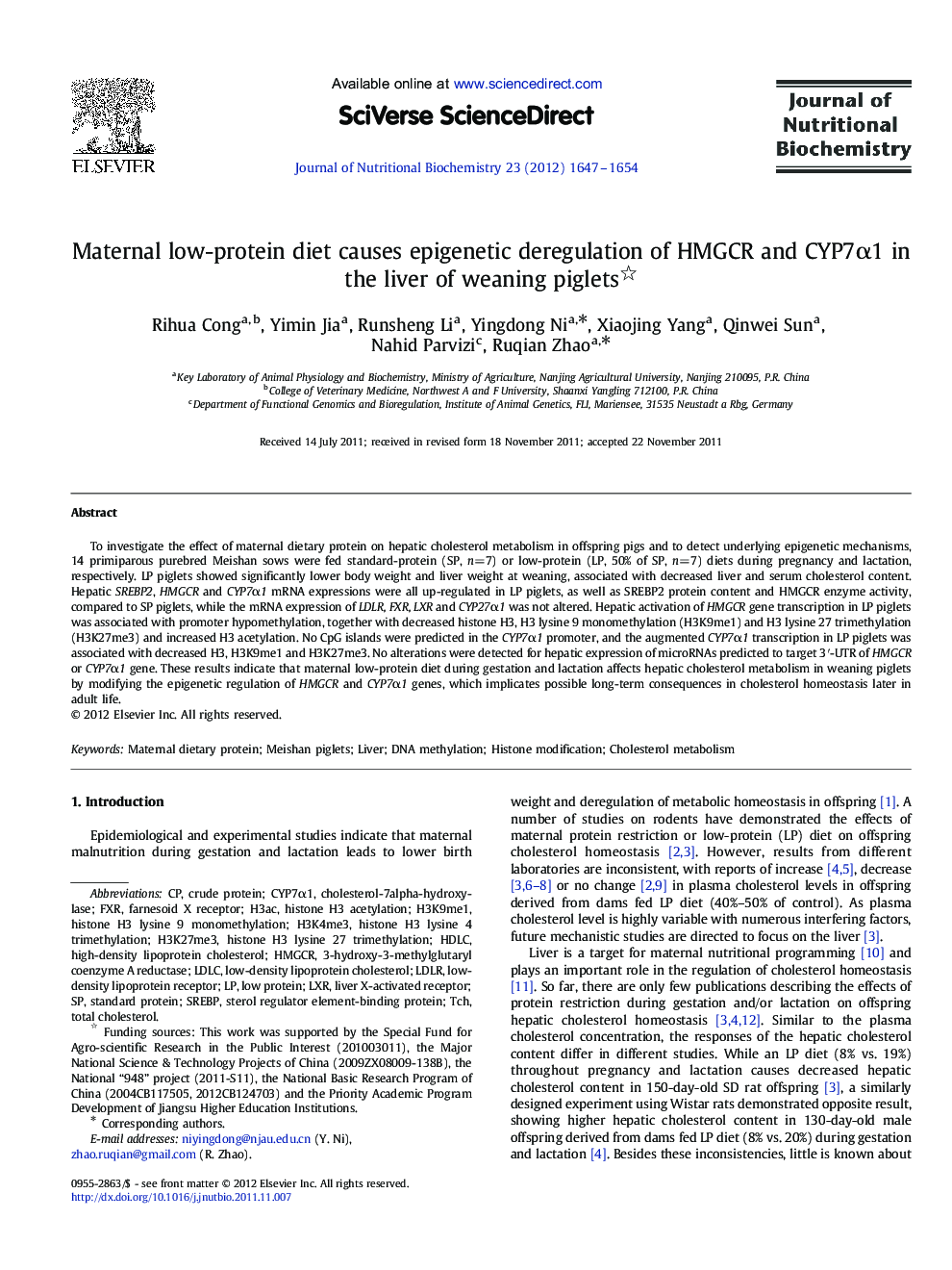 Maternal low-protein diet causes epigenetic deregulation of HMGCR and CYP7α1 in the liver of weaning piglets 