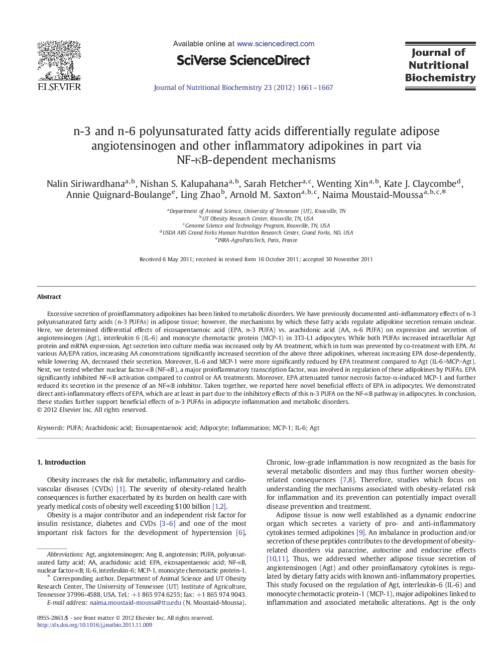 n-3 and n-6 polyunsaturated fatty acids differentially regulate adipose angiotensinogen and other inflammatory adipokines in part via NF-κB-dependent mechanisms