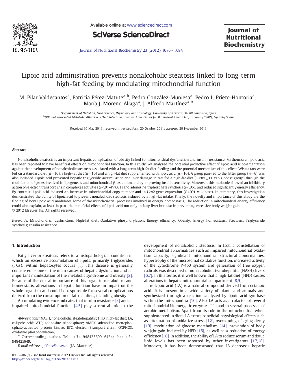 Lipoic acid administration prevents nonalcoholic steatosis linked to long-term high-fat feeding by modulating mitochondrial function