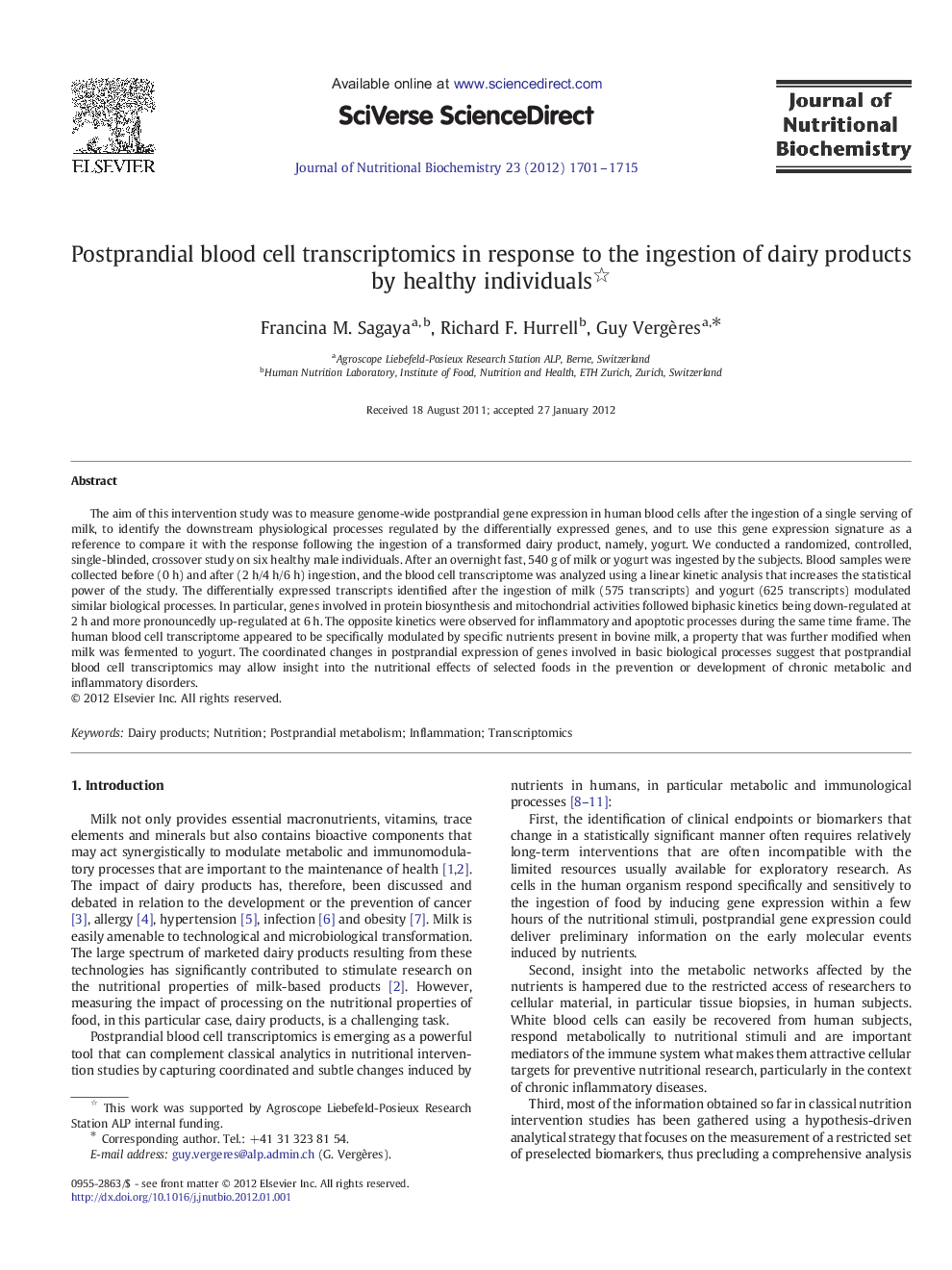 Postprandial blood cell transcriptomics in response to the ingestion of dairy products by healthy individuals 