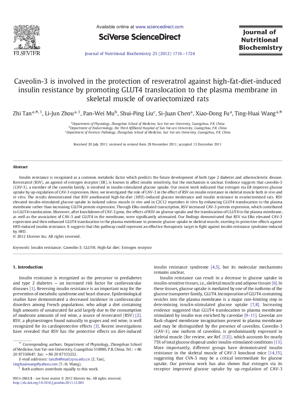 Caveolin-3 is involved in the protection of resveratrol against high-fat-diet-induced insulin resistance by promoting GLUT4 translocation to the plasma membrane in skeletal muscle of ovariectomized rats