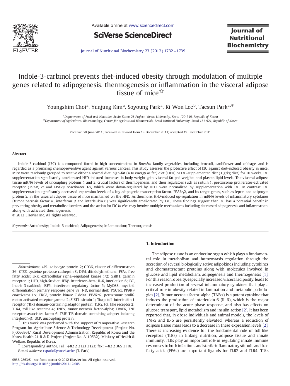 Indole-3-carbinol prevents diet-induced obesity through modulation of multiple genes related to adipogenesis, thermogenesis or inflammation in the visceral adipose tissue of mice 