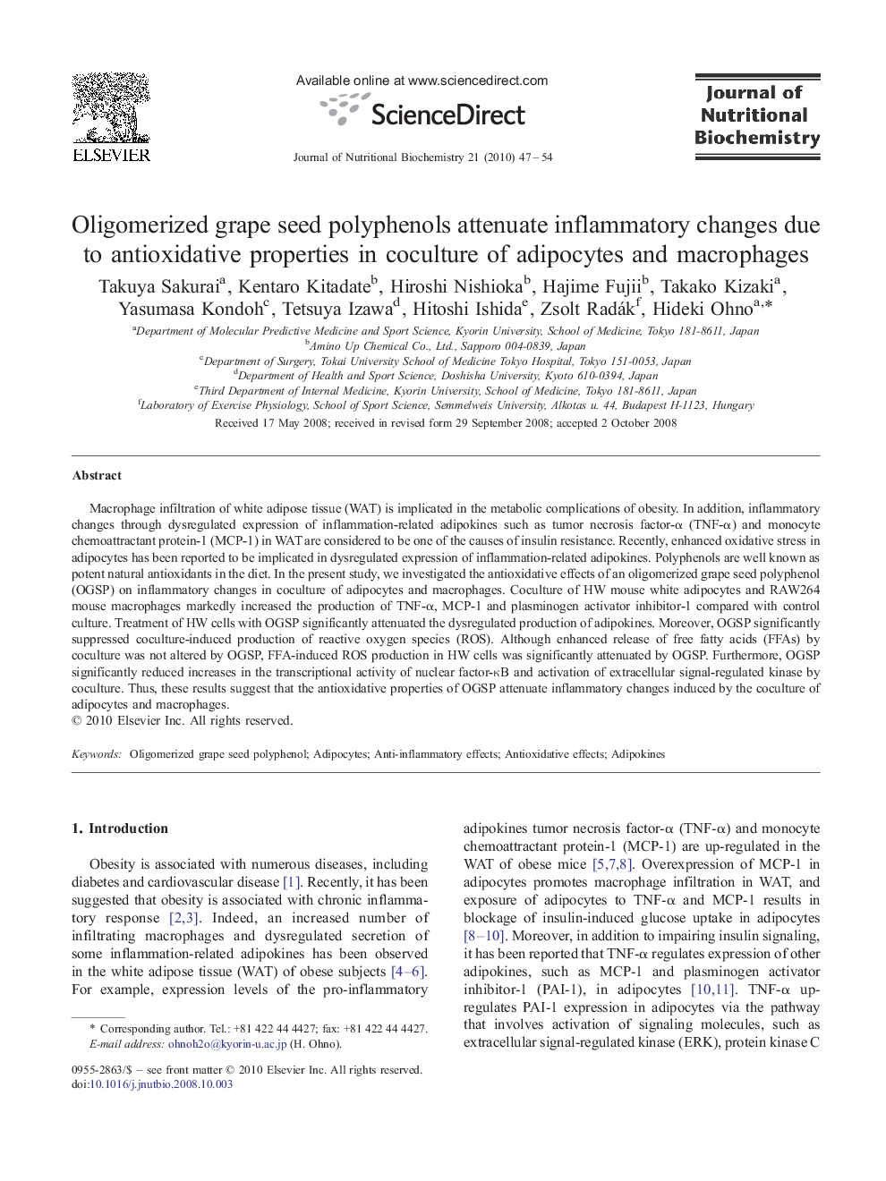 Oligomerized grape seed polyphenols attenuate inflammatory changes due to antioxidative properties in coculture of adipocytes and macrophages