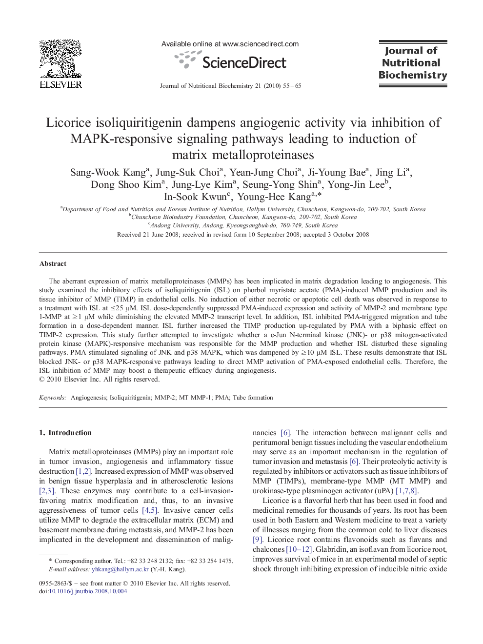 Licorice isoliquiritigenin dampens angiogenic activity via inhibition of MAPK-responsive signaling pathways leading to induction of matrix metalloproteinases