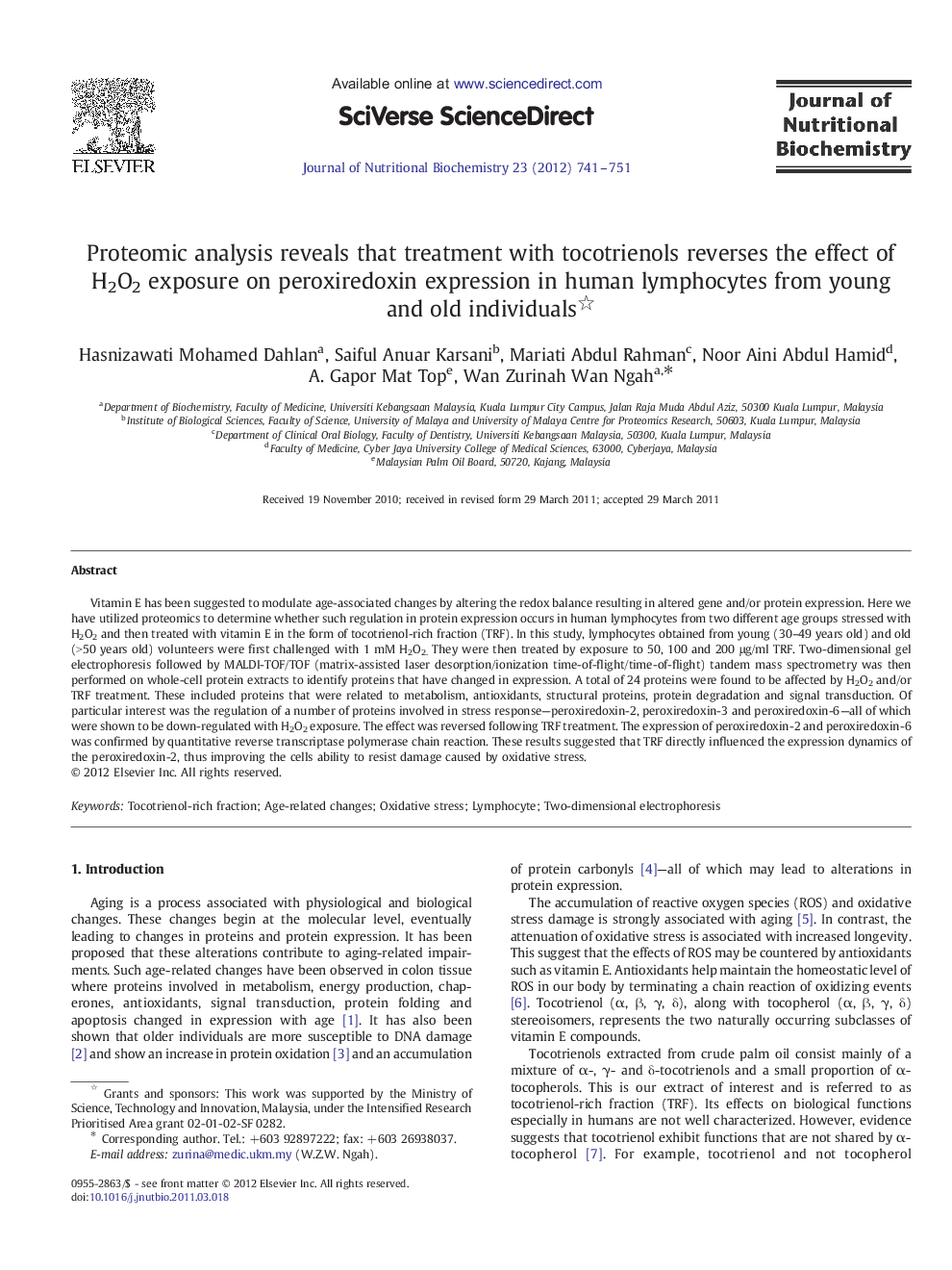 Proteomic analysis reveals that treatment with tocotrienols reverses the effect of H2O2 exposure on peroxiredoxin expression in human lymphocytes from young and old individuals 