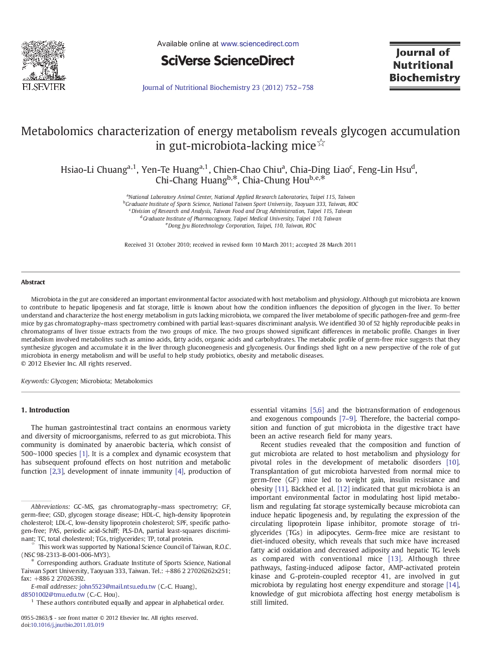 Metabolomics characterization of energy metabolism reveals glycogen accumulation in gut-microbiota-lacking mice 