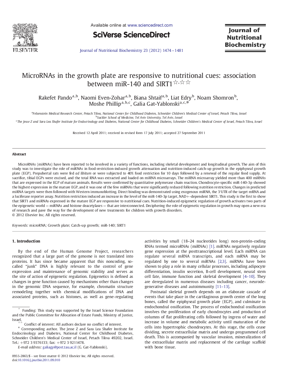 MicroRNAs in the growth plate are responsive to nutritional cues: association between miR-140 and SIRT1 