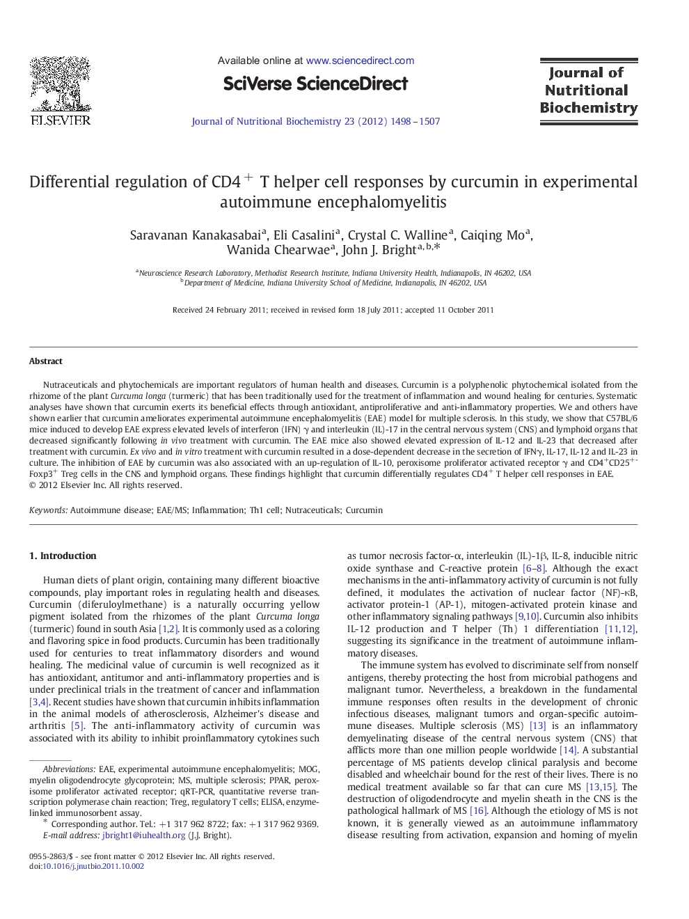 Differential regulation of CD4+ T helper cell responses by curcumin in experimental autoimmune encephalomyelitis