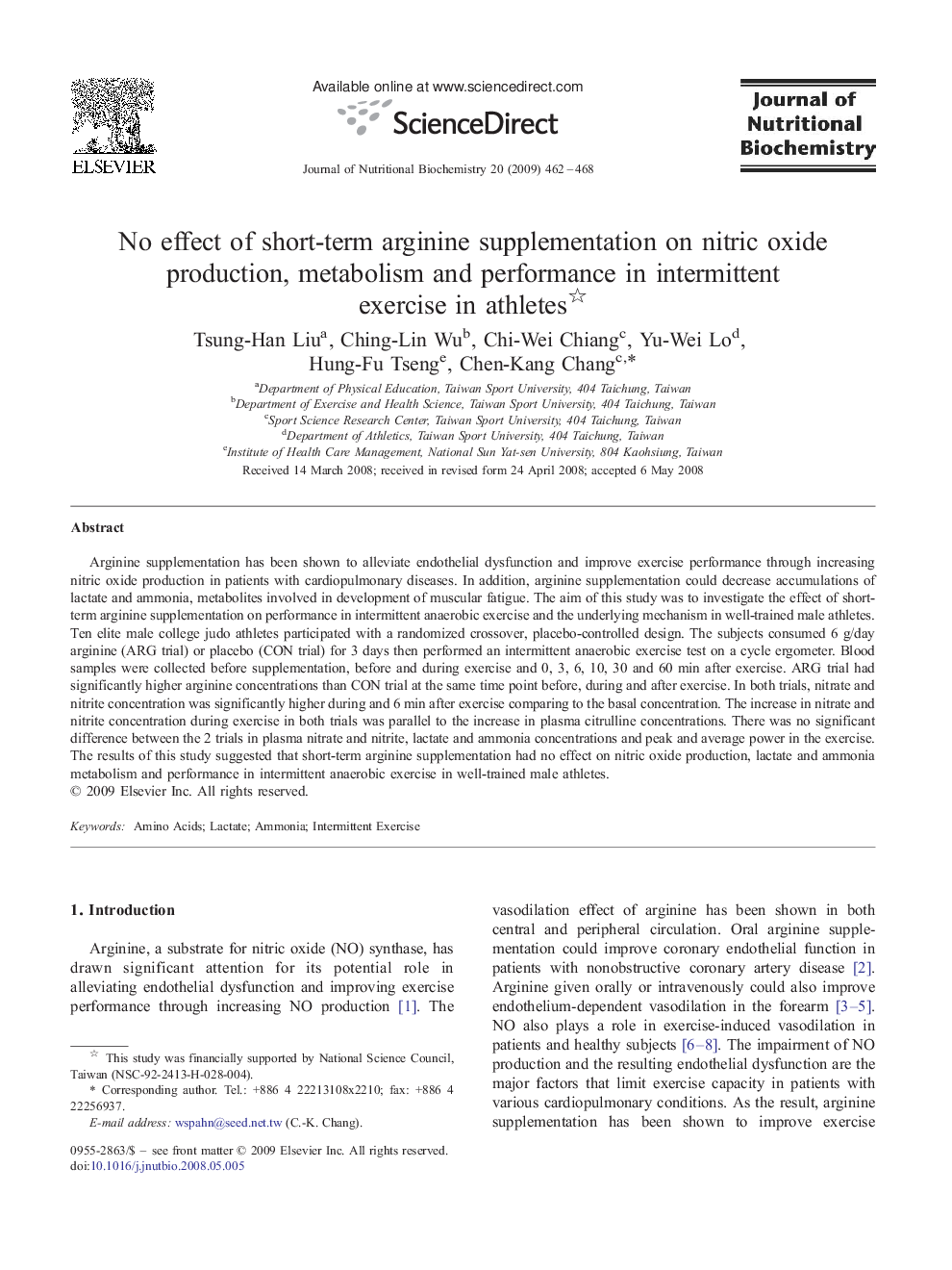 No effect of short-term arginine supplementation on nitric oxide production, metabolism and performance in intermittent exercise in athletes 