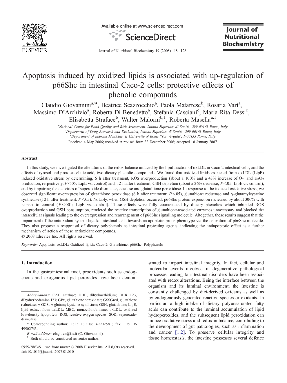 Apoptosis induced by oxidized lipids is associated with up-regulation of p66Shc in intestinal Caco-2 cells: protective effects of phenolic compounds