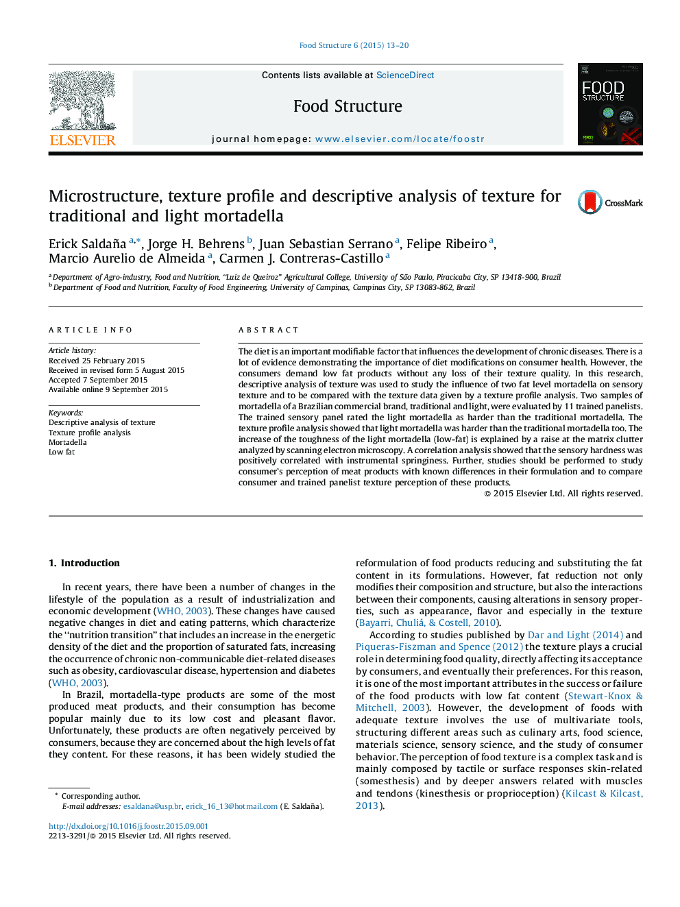 Microstructure, texture profile and descriptive analysis of texture for traditional and light mortadella