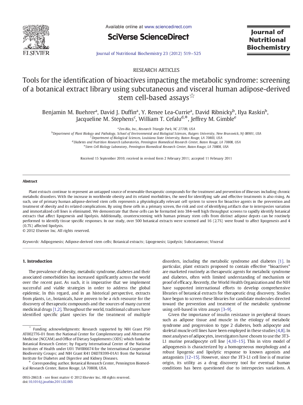 Tools for the identification of bioactives impacting the metabolic syndrome: screening of a botanical extract library using subcutaneous and visceral human adipose-derived stem cell-based assays 